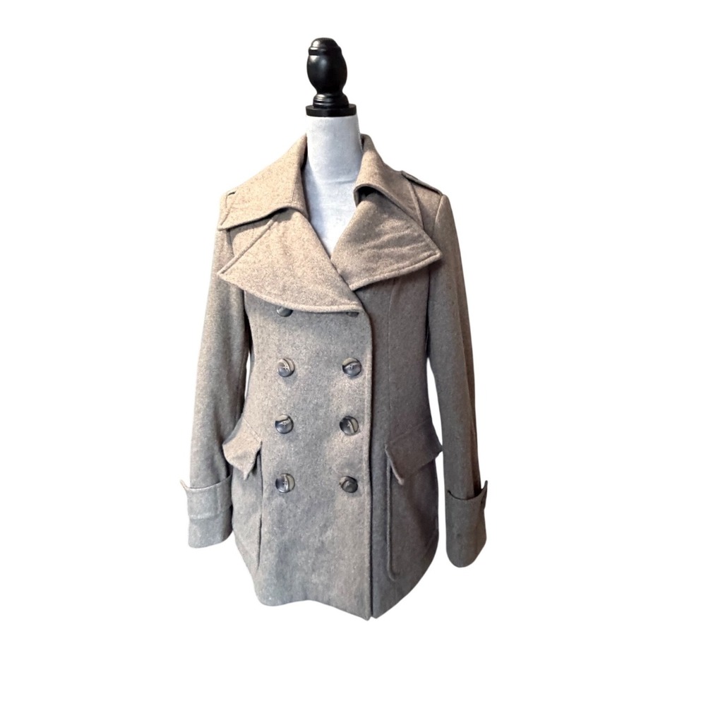 New York & Company Tan Oatmeal Wool Blend Double Breasted Pea Coat Womens Medium